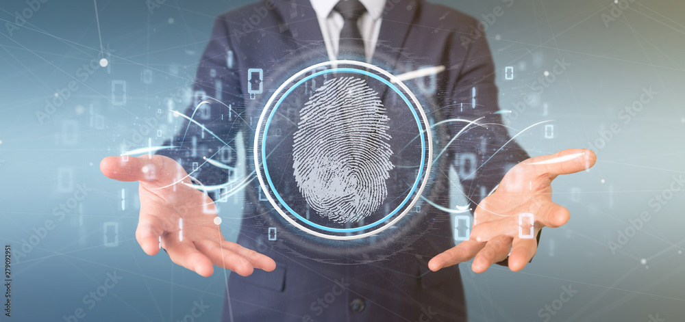 Poster businessman holding a digital fingerprint identification and binary code 3d rendering