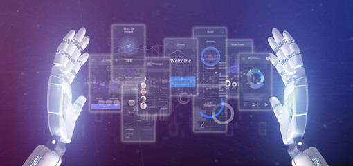 Cyborg hand holding User interface screens with icon, stats and data 3d rendering
