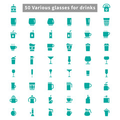 Fifty various glasses for drinks solid icons
