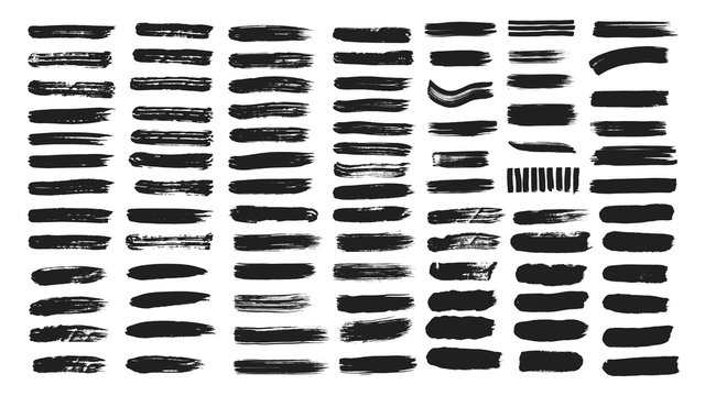Big collection of line hand drawn trace brush strokes black paint texture set vector illustration isolated on white background. Calligraphy brushes high detail abstract elements.