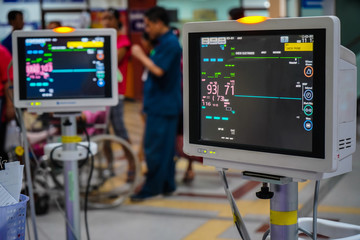 Modern vital sign monitor on patient background at ward in the hospital...