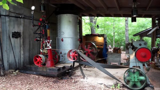 Steam powered wood working shop and belts in action