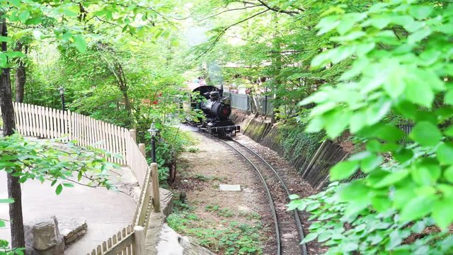 Steam Locomotive train carrying passengers through the woods in the Ozark Mountains from a bridge