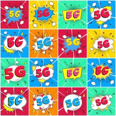 5G new wireless internet wifi connection comic style speech bubble exclamation text 5g flat style design vector illustration isolated on rays background big set. New mobile internet 5g sign icon.