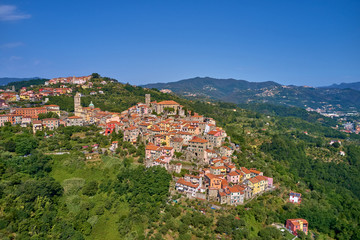 Aerial photography with drone. The ancient Italian town of Bolano Spezia is located on the mountain.