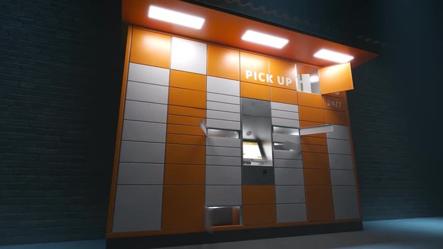 Loopable timelapse animation of the parcel locker. Doors open and close rapidly.