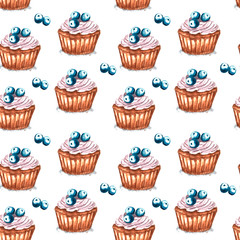Watercolor illustration of seamless pattern cupcake with blueberry on white background