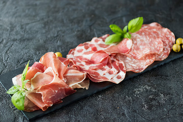 Italian meat snacks on a black slate board. Prosciutto Crudo, Milano Salami and Coppa Ham. Italian food.