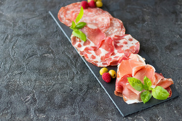 Italian meat snacks on a black slate board. Prosciutto Crudo, Milano Salami and Coppa Ham. Italian...