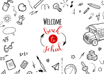 Back to school Background. Banner with texture from line art icons of education, science objects and office supplies on the white background. Typography design, logo.