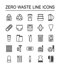 Set of monochrome line icons on the theme of Zero Waste lifestyle. Line icons with warious reusable or recyclable items isolated on white background.