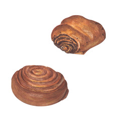 A set of baking. Sweet buns with cinnamon and poppy seeds. Watercolor illustration, objects isolated on white background.