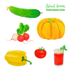 Veggie colorful set. Juicy fresh vegetables isolated on white. Hand-drawn cucumber, tomato, radish, pumpkin, tomato juice.