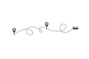 Tourism and travel concept. Bus line path on white background. Vector icon of bus route with dash line trace, start point and transfer point. Vector illustration