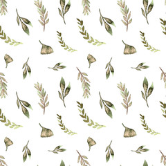 Seamless pattern watercolor floral design: greenery leaves, branches spring. Rustic romantic background.Perfect for wallpaper,print,packaging 
