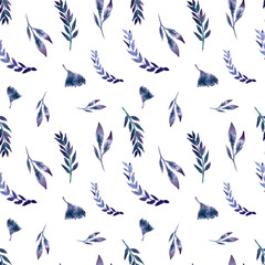 Seamless pattern watercolor floral design: garden leaves blue, branch green thyme wax flowers greenery leaves. Rustic romantic. Perfect for wallpaper,print,packaging design.