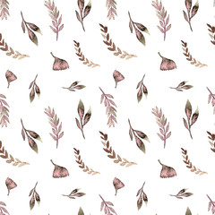 Fototapeta na wymiar Seamless pattern watercolor floral design: greenery leaves, branches spring. Rustic romantic background.Perfect for wallpaper,print,packaging 