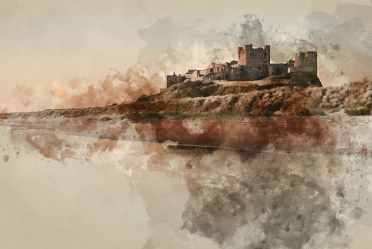Digital watercolor painting of Beautiful landscape image of Bamburgh Castle on Northumberland coast at sunrise with vibrant colors
