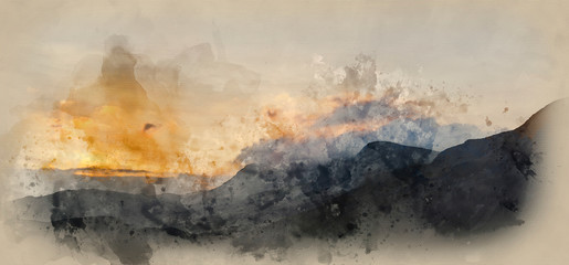 Digital watercolor painting of Stunning sunrise mountain landscape with vibrant colors and beautiful cloud formations