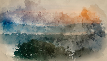Digital watercolor painting of Forest landscape with layers of mist at sunrise in countryside