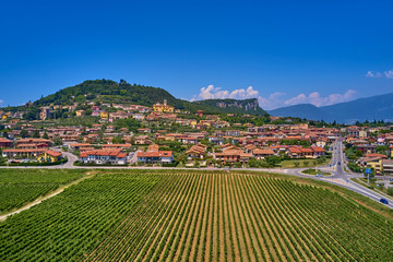 Photo with drone. Beautiful view of the city of Cavaion Veronese and its surroundings of Lake Garda, Italy.