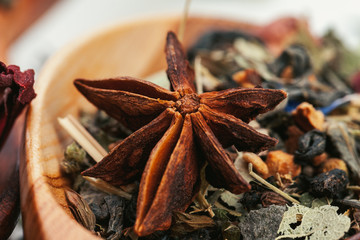 Assortment of dry tea leaves close up