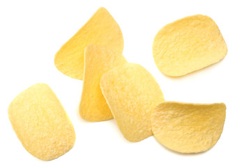 Group of potato chips isolated on white background. top view