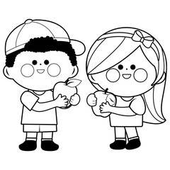 Children eating apple fruits. Vector black and white coloring page.