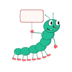 A funny cartoon green caterpillar holds a rectangular tablet in his hand and smiles.