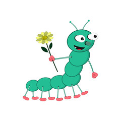 Funny cartoon green caterpillar is holding a yellow flower in his hand and smiling.