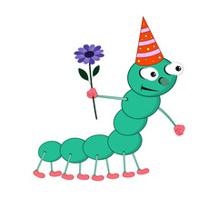 funny cartoon green caterpillar in a festive cap holds a blue flower in his hand.