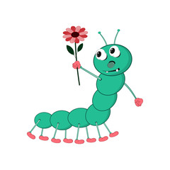 A funny cartoon green caterpillar holds a red flower in his hand and looks at it.