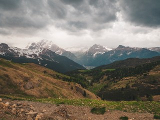 Mountain summer landscape in the Dolomites in Northern Italy.  Aerial view of National Park Tre Cime di Lavaredo.