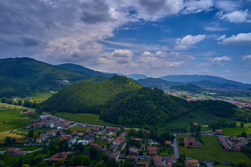 Fototapeta premium Flying on a drone, aerial view of a convent, Comunita 'Di Vita Mondo X. Brescia, Italy.