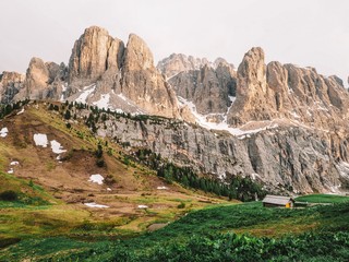 Mountain summer landscape in the Dolomites in Northern Italy.  Aerial view of National Park Tre Cime di Lavaredo.