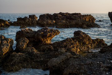 Beautiful sunset with rocks in the Adriatic sea, Dingac Borak, Dalmatia, Croatia, Peljesac peninsula