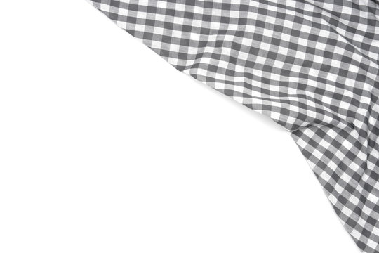 Wrinkled Grey Gingham Fabric Isolated On White Background, With Copy Space. 
