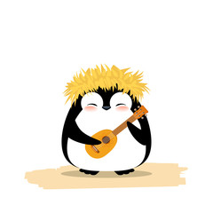 Cute penguin in hawaiian yellow grass wreath and ukulele. Summer vector illustration isolated on white background. © CraftCloud