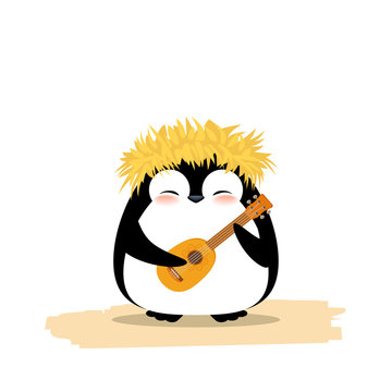Cute penguin in hawaiian yellow grass wreath and ukulele. Summer vector illustration isolated on white background.