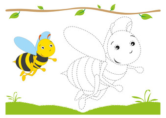 Drawing Printable Worksheets, for preschool kids. Connect the dots on the figures then color. Illustration with little bee.