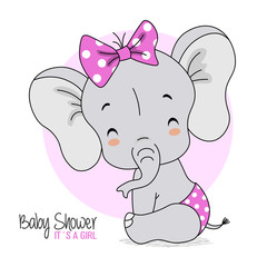 baby elephant sitting very smiling. Baby shower card
