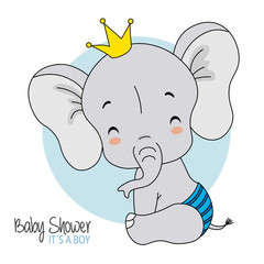 baby elephant sitting very smiling. Baby shower card