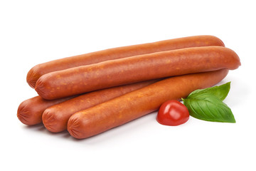 Smoked pork sausages, grill sausages, close-up, isolated on white background