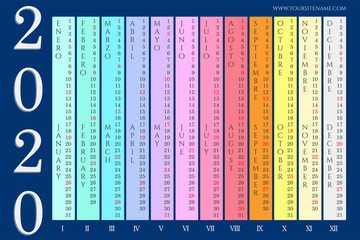Colorful wall calendar 2020 with vertical months on navy blue background. Months in spanish and english language. Raster