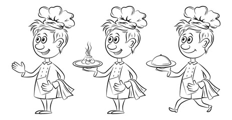 Set Cartoon Characters, Cooks Chefs with a Dish Food on a Tray and Menu Form. Black Contours Isolated on White Background. Vector