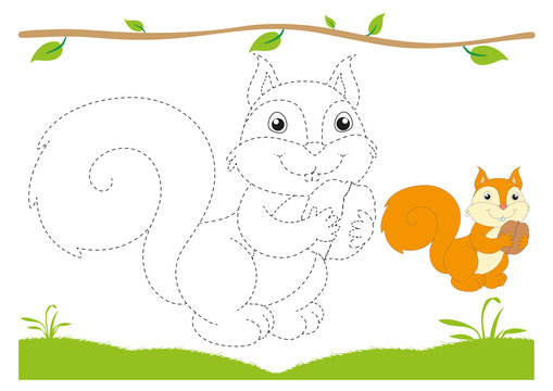Drawing Printable Worksheets, for preschool kids. Connect the dots on the figures then color. Illustration with little squirrel.