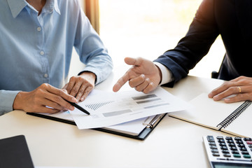 wealth management concept, business man and team analyzing financial statement for planning financial customer case in office. - obrazy, fototapety, plakaty