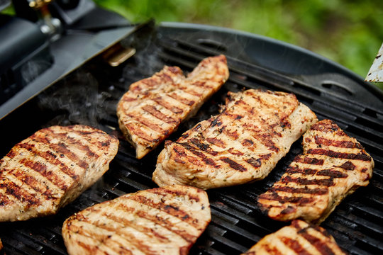 Grilled Turkey Meat. Steak Turkey Grill On On Huge Gas Grill . Picnic. Summer. Top View. Flat Lay. Copy Space.