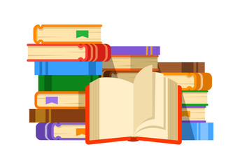 Stack of books with open book. Vector flat illustration. Concept of book as a source of knowledge. Reading paper books. Public library cartoon banner.