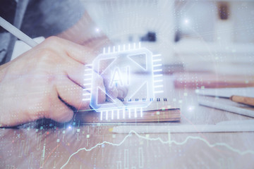 Writing human hands with tech theme multi exposure icons.